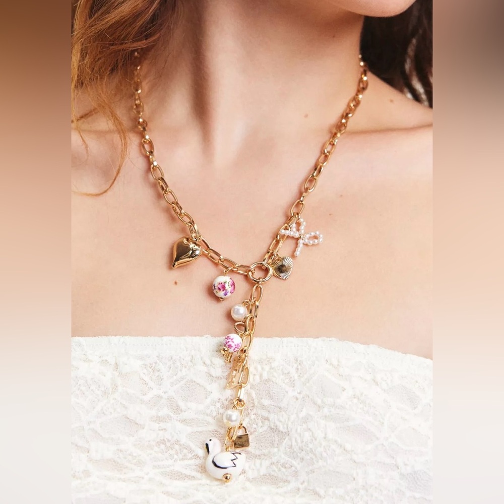 Urban Outfitters Katherine Lariat Charm Necklace Gold Tone with Pearl Accents - Picture 2 of 12